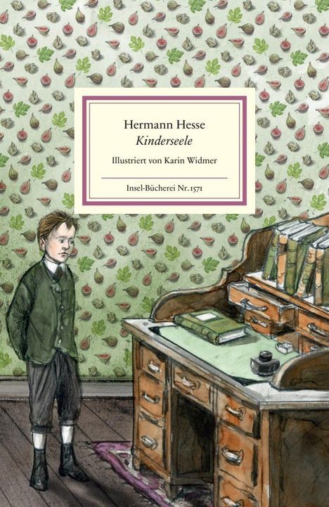 Buch: "Hermann Hesse, Kinderseele", illustriert von Karin Widmer. Junge in traditioneller Kleidung, Schreibtisch im Hintergrund.