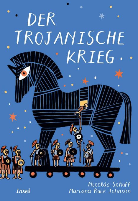 "DER TROJANISCHE KRIEG". Illustration eines Trojanischen Pferds in Schwarz auf Blau mit kleinen, bewaffneten Figuren.