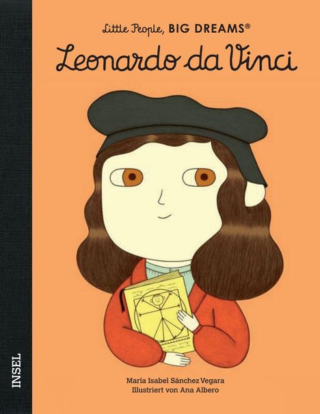 „Little People, BIG DREAMS®: Leonardo da Vinci“, Illustration eines Kindes mit schwarzer Mütze, hält eine Zeichnung.