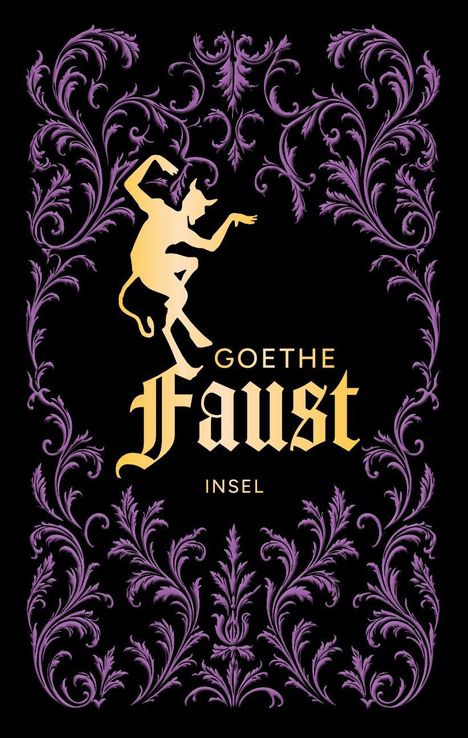 GOETHE FAUST INSEL in goldener Schrift, Illustration eines tanzenden Teufels, umrahmt von violetten Ornamenten auf Schwarz.