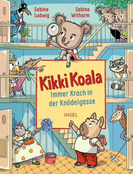 "Kikki Koala: Immer Krach in der Knödelgasse" steht in großen, bunten Buchstaben. Verschiedene Tiere in einem Treppenhaus.