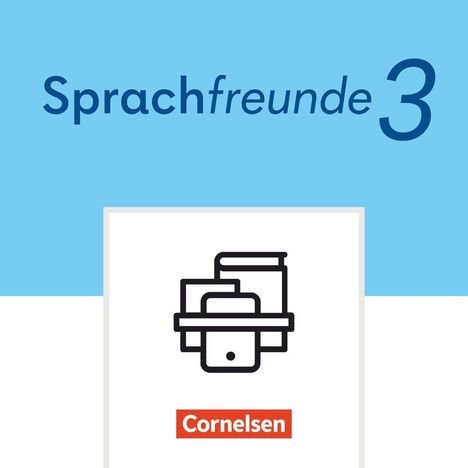 Text: "Sprachfreunde 3" und "Cornelsen". Eine stilisierte Illustration von Büchern und einem Tintenfass.
