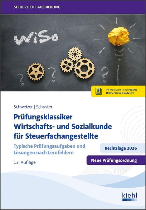 "Prüfungsklassiker Wirtschafts- und Sozialkunde" ist ein Buchcover mit Zahnrädern und einer Papierglühbirne.