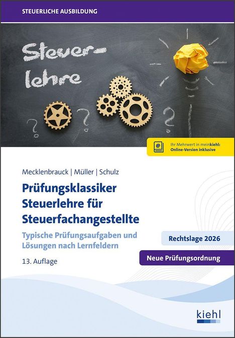 Oben steht "Steuerliche Ausbildung". Darunter Zahnräder und Glühbirne dargestellt durch Kreidezeichnungen und Papier.