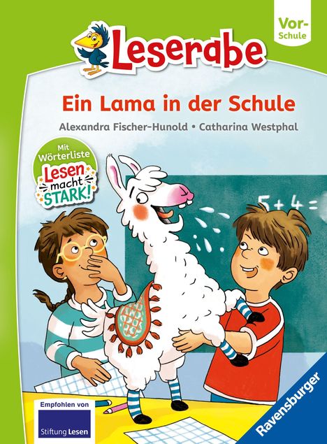 „Leserabe: Lala, das labernde Lama.“ Zwei lachende Kinder und ein fröhliches Lama in farbenfroher Illustration.