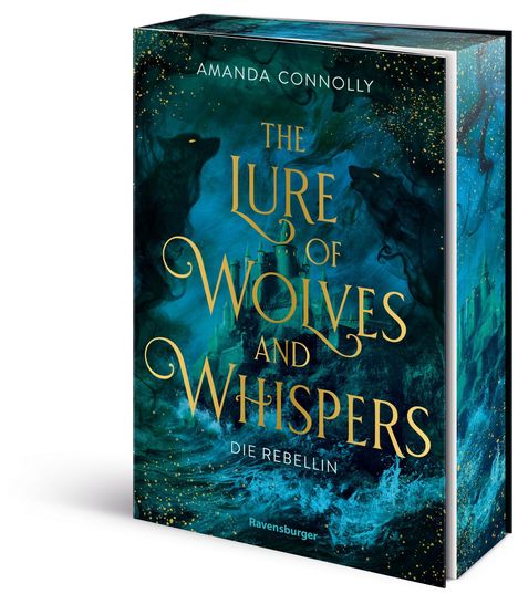 Das Buchcover zeigt "The Lure of Wolves and Whispers". Ein mystisches, blau-grünes Design mit zwei Wolfssilhouetten.