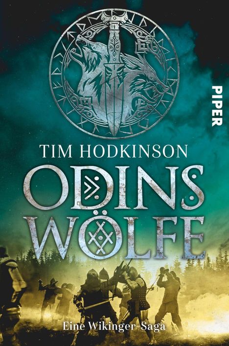 "Tim Hodkinson: Odins Wölfe - Eine Wikinger Saga." Silhouetten kämpfender Wikinger vor einem mystischen Waldhintergrund.