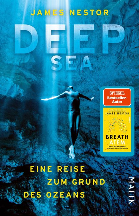 "DEEP SEA", "Eine Reise zum Grund des Ozeans", "SPIEGEL Bestseller-Autor". Taucherin in blauer Unterwasserhöhle.