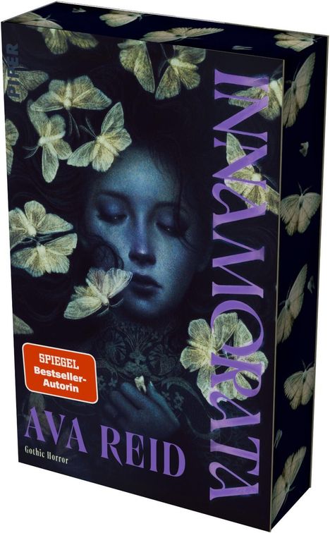 Text: "SPiEGEL Bestseller-Autorin", "INNAMORATA", "AVA REID", "Gothic Horror". 
Illustration: Frau mit Motten.