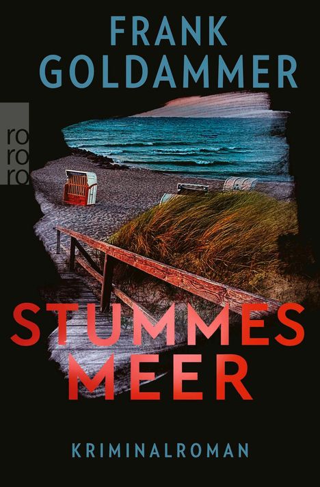 „FRANK GOLDAMMER, STUMMES MEER, KRIMINALROMAN“ in blauer und roter Schrift; Meeresküste mit Dünen und Strandkorb.