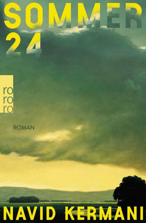 Text: "SOMMER 24", "ROMAN", "NAVID KERMANI". Stimmung: Landschaft mit düsteren Wolken, Baum, Felder in Grün- und Gelbtönen.