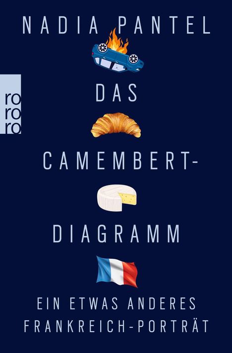 "NADIA PANTEL, DAS CAMEMBERT-DIAGRAMM, EIN ETWAS ANDERES FRANKREICH-PORTRÄT" mit Bildern von Auto, Croissant, Käse, Flagge.