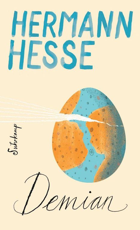 Text: "HERMANN HESSE", "Siddhartha", "Suhrkamp". Illustration: Ein Fluss in Form eines 'S' mit einem Boot und einer Person.