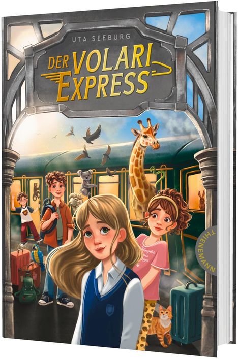 "Der Volari Express" steht oben. Drei Kinder, Tiere und ein Zug. Eine Giraffe schaut aus einem Waggonfenster. Verpackung einer Illustration.