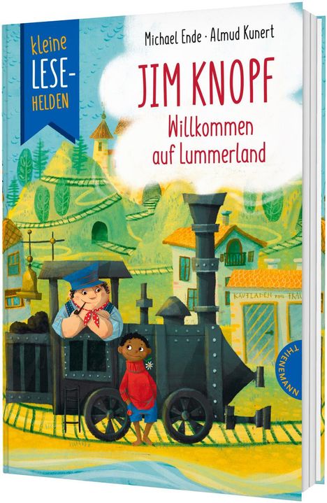Buchtitel: "Jim Knopf - Willkommen auf Lummerland". Zeichnung eines Jungen und Lokführer vor Berglandschaft.