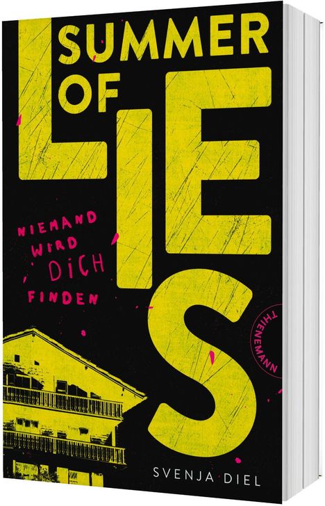 Text: "SUMMER OF LIES", "NIEMAND WIRD DICH FINDEN", "SVENJA DIEL". Gelbe Buchstaben, pinke Akzente, Haus-Silhouette.