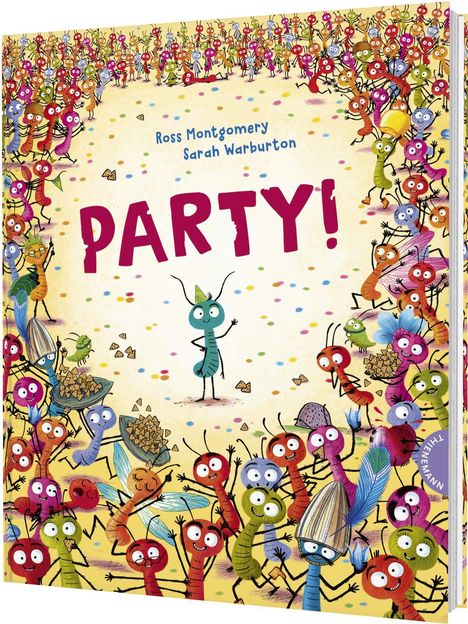 Aufschrift: "PARTY!" In einer bunten Illustration tanzen und feiern Insekten ausgelassen.
