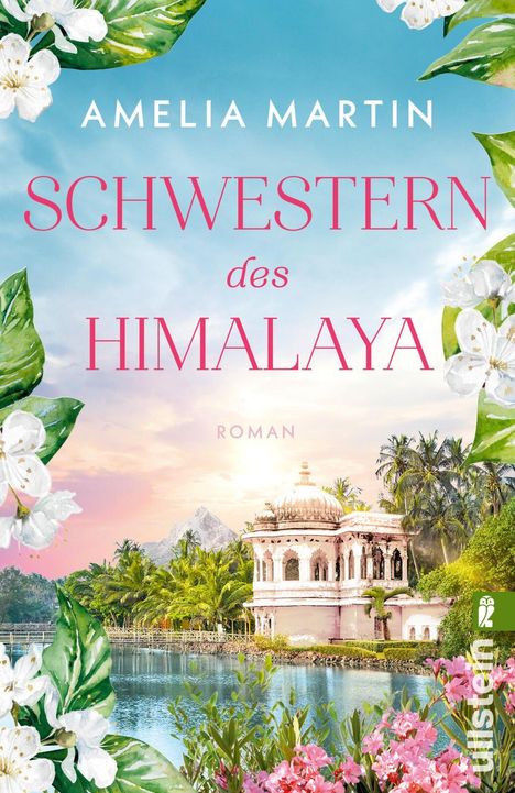 „Schwestern des Himalaya“. Im Hintergrund Palmen, Berge, ein Pavillon und Wasser, umrahmt von weißen Blüten.