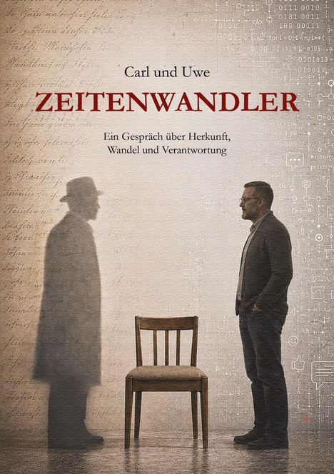 Der Text "Zeitenwandler". Ein Mann schaut auf einen leeren Stuhl, daneben ein Schatten eines Mannes mit Hut.