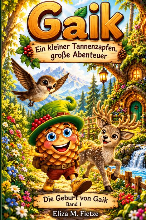 "Gaik: Ein kleiner Tannenzapfen, große Abenteuer. Die Geburt von Gaik Band 1. Eliza M. Fietze." Fröhlicher Tannenzapfen mit Tieren.