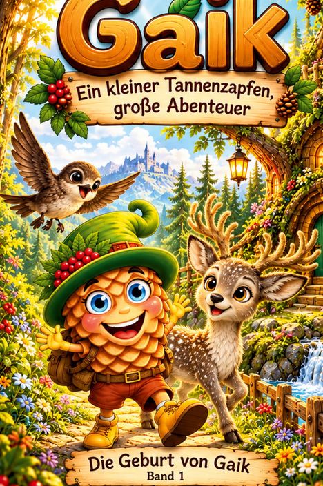 "Gaik", "Ein kleiner Tannenzapfen, große Abenteuer", "Die Geburt von Gaik", "Band 1". Illustration mit Waldtieren.