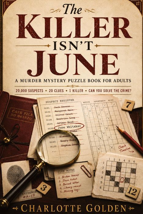 "The Killer Isn't June. A murder mystery puzzle book. 20,000 suspects, 20 clues, 1 killer. Solve the crime?" 

Eine Detektivszene mit Lupe, Verdächtigenliste, Notizen und Kreuzworträtsel.