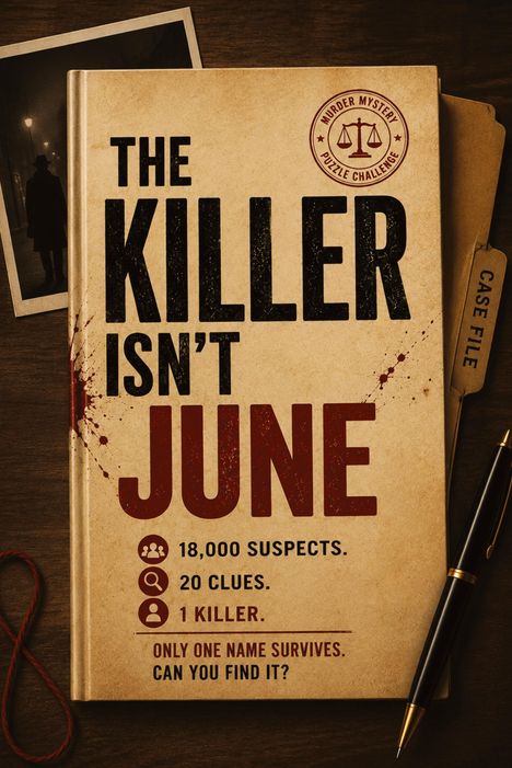 "The Killer Isn't June. 18,000 Suspects. 20 Clues. 1 Killer. Only one name survives. Can you find it?" Illustration mit Akte.
