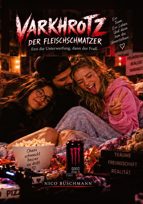 "VARKHROTZ DER FLEISCHSCHMATZER" steht oben. Drei lächelnde Personen kuscheln auf einem Sofa. Eine Frau zeigt ein Peace-Zeichen.