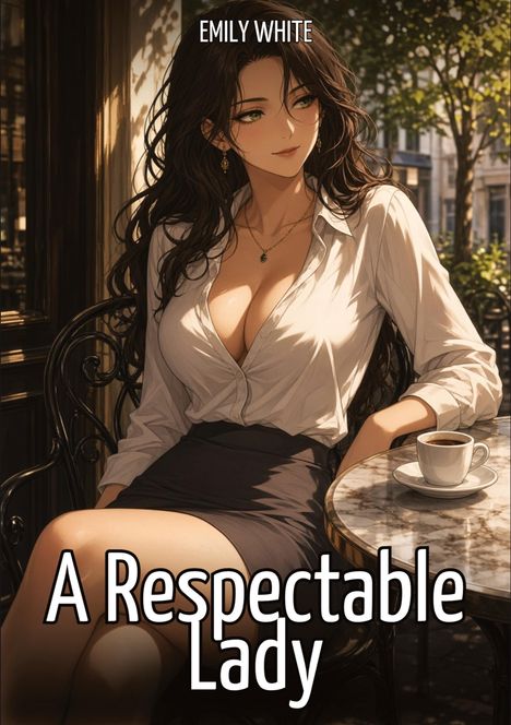 Text: "EMILY WHITE" und "A Respectable Lady". Eine stilvolle Frau in einem Café, trägt ein Hemd und Rock, mit einer Tasse Kaffee.