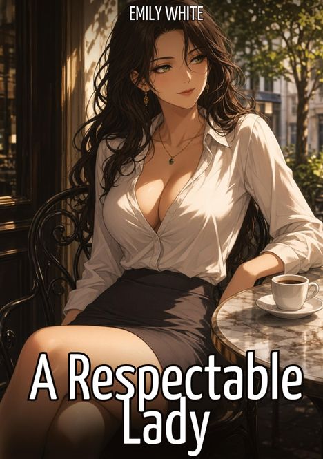 Text: "EMILY WHITE" oben, "A Respectable Lady" unten. 
Illustration: Frau mit langen Haaren, weißer Bluse, Kaffee.