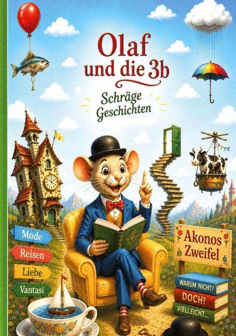 "Olaf und die 3b: Schräge Geschichten". Illustration mit Maus im Anzug, bunte Schilder, Ballon, Regenschirm, fliegende Kuh.