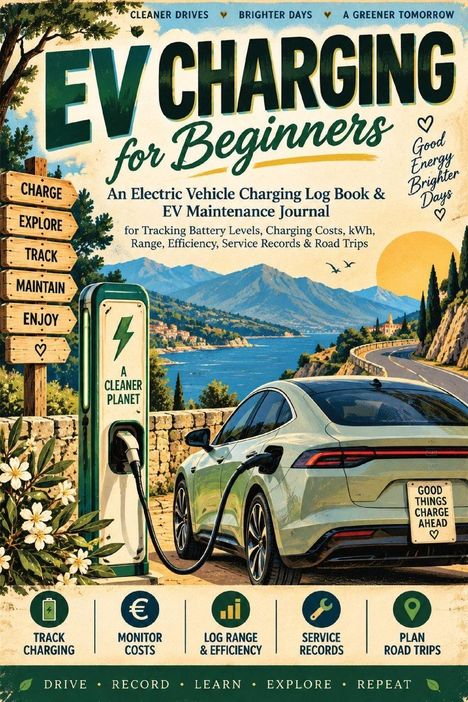 „EV CHARGING for Beginners“; Ladestation, Auto, Berge, See; Schilder: Charge, Explore, Track, Maintain, Enjoy.