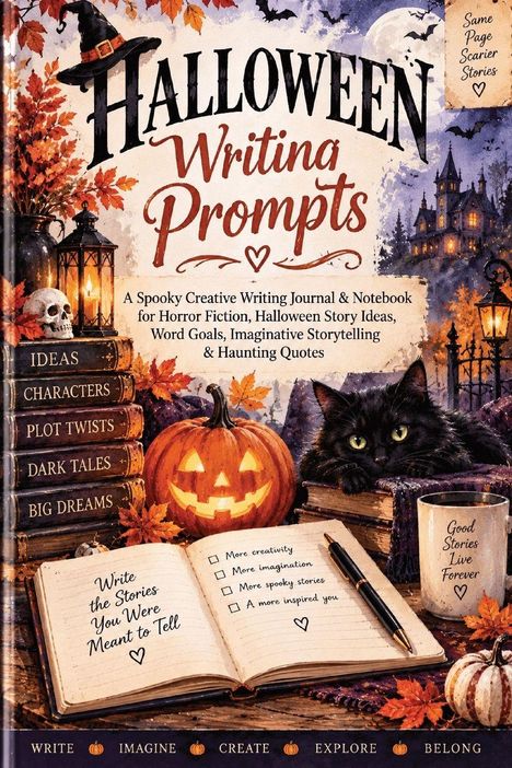 „Halloween Writing Prompts“ ist der Titel. Bücherstapel, Kürbis, schwarze Katze, und Spukhaus sind zu sehen.