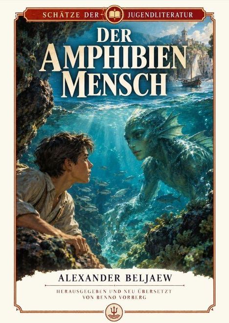 Buchtitel: "Der Amphibienmensch" von Alexander Beljaew. Ein Junge und ein Wesen unter Wasser, umgeben von Felsen und Fischen.
