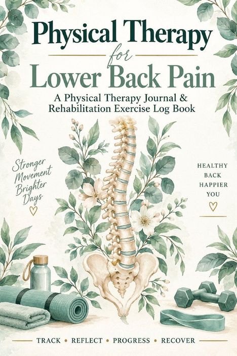 "Physical Therapy for Lower Back Pain" Buchcover, Wirbelsäule, Blumen, Yoga-Matte, Handtuch, Trinkflasche, Hanteln.