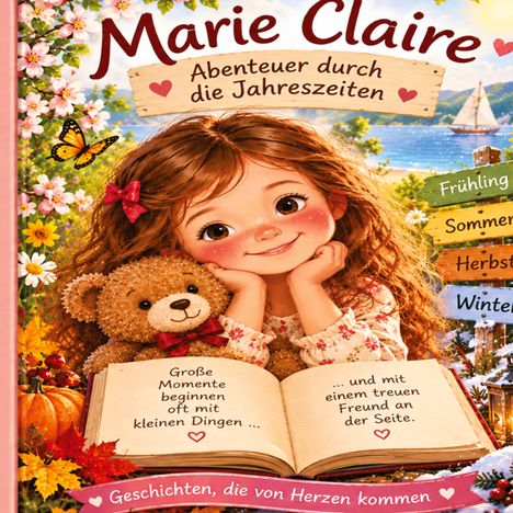 „Marie Claire: Abenteuer durch die Jahreszeiten“ zeigt ein lächelndes Mädchen mit Teddy und offenem Buch, umgeben von Blumen.