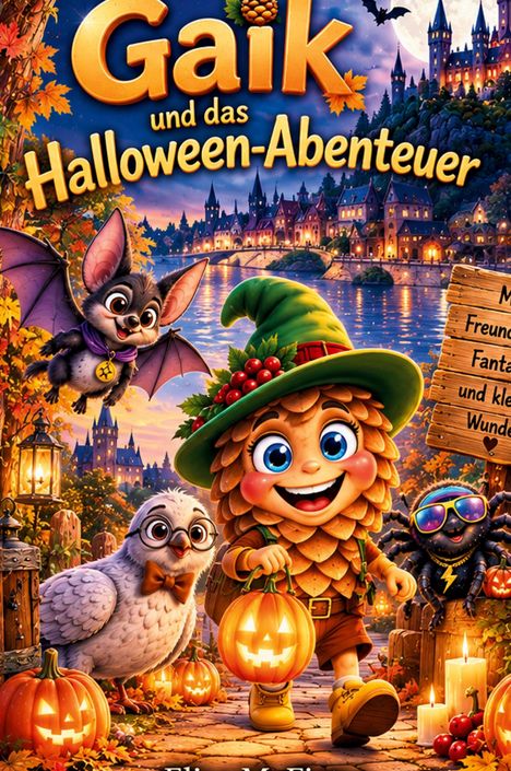 "Gaik und das Halloween-Abenteuer" in bunten Buchstaben. Figuren: Fröhlicher Charakter und Tiere mit Kürbislaternen.