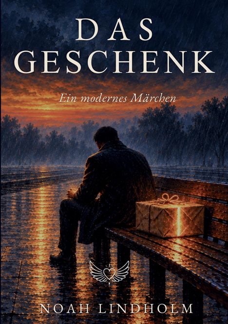 "Das Geschenk. Ein modernes Märchen." Ein Mann sitzt im Regen auf einer Bank neben einem leuchtenden Geschenk.