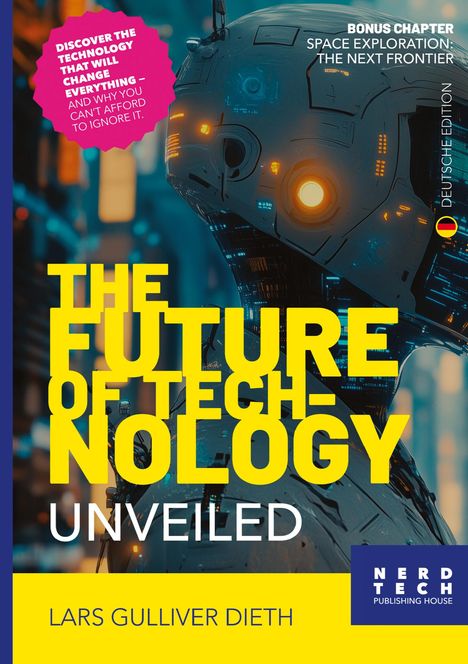 "THE FUTURE OF TECHNOLOGY UNVEILED" von Lars Gulliver Dieth. Robotergesicht mit leuchtenden Augen, futuristischer Hintergrund.