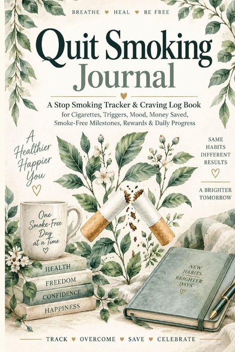 "Quit Smoking Journal", Aufbruch zur Rauchfreiheit, Bücher, Tasse, gebrochene Zigaretten, Pflanzen, grüne Töne.