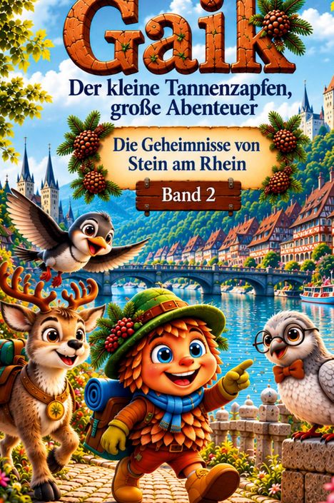 Gaik, der kleine Tannenzapfen, große Abenteuer. Die Geheimnisse von Stein am Rhein. Band 2. Verspielte Illustration.