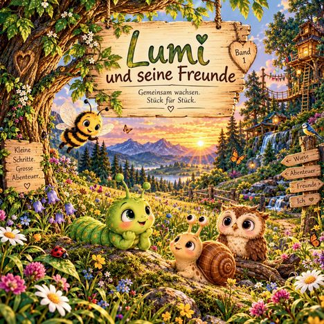 "Lumi und seine Freunde", "Band 1", "Gemeinsam wachsen. Stück für Stück.", "Kleine Schritte. Grosse Abenteuer." Vor einem idyllischen, blühenden Wiesenpanorama mit Tieren.