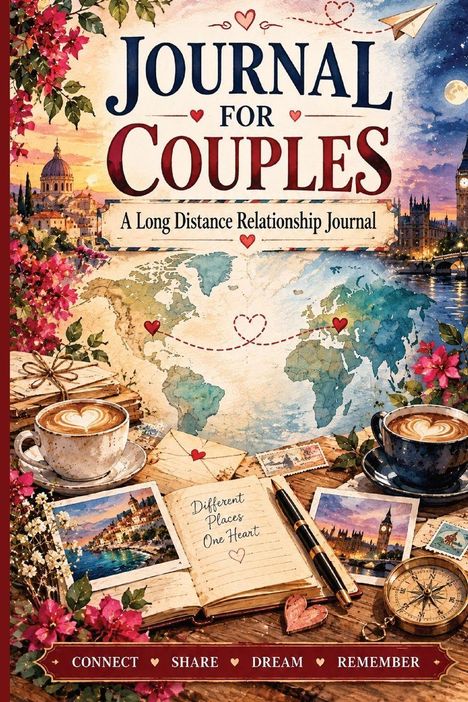 „Journal for Couples: A Long Distance Relationship Journal.“ Illustration zeigt Karten, Kaffee, Briefe und Reiseutensilien.