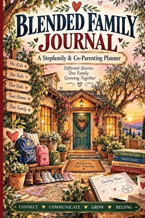 "Blended Family Journal" steht oben. Vor einem Haus mit Garten sind Schilder: "His Kids", "Her Kids", usw.