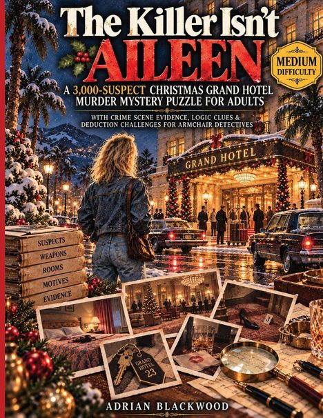 "The Killer Isn't Aileen", Krimi-Puzzle im Grand Hotel mit 3000 Verdächtigen. Frau schaut auf festlich dekoriertes Hotel.