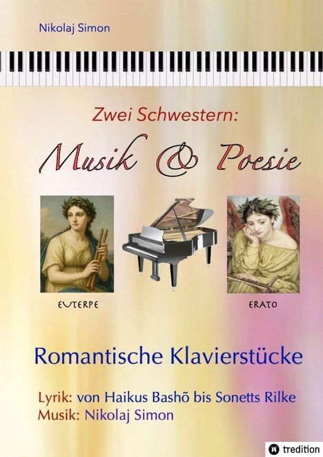 Titel: "Zwei Schwestern: Musik & Poesie". Thema: Romantische Klavierstücke. Abbildungen: Euterpe, Erato und Flügel.