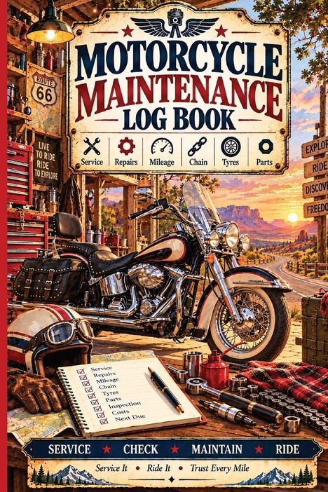 "Motorcycle Maintenance Log Book. Service, Repairs, Mileage, Chain, Tyres, Parts." Nostalgische Werkstatt mit Motorrad.