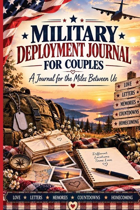 Text: "Military Deployment Journal for Couples. A Journal for the Miles Between Us." Zusammengestellt mit Reise- und Militärthemen.