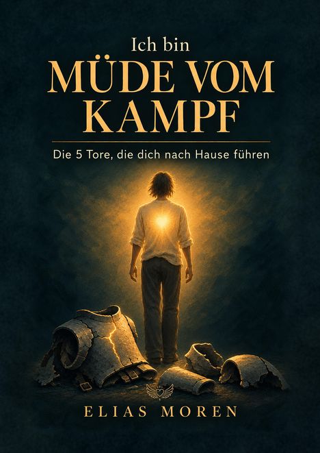 "Ich bin müde vom Kampf. Die 5 Tore, die dich nach Hause führen. Elias Moren." Person im Licht, abgelegte Rüstung.