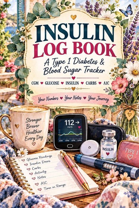 "Insulin Log Book", dekorative Blumen, Blutzuckermesser, Notizbuch, Kaffeetasse mit Motivationsspruch.